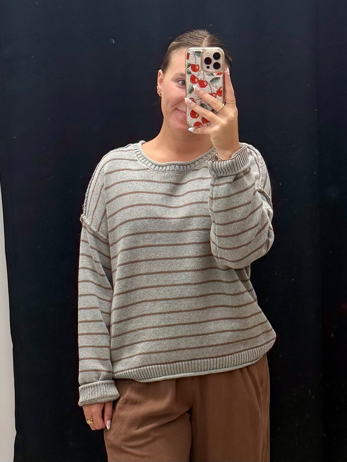THE GEMMA STRIPED DROP SHOULDER SWEATER - grey