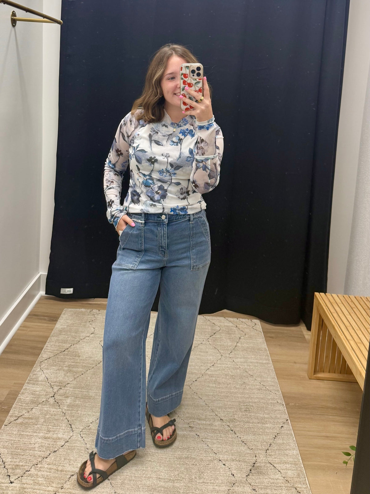 THE CHELSEY FLORAL MESH TOP - blue