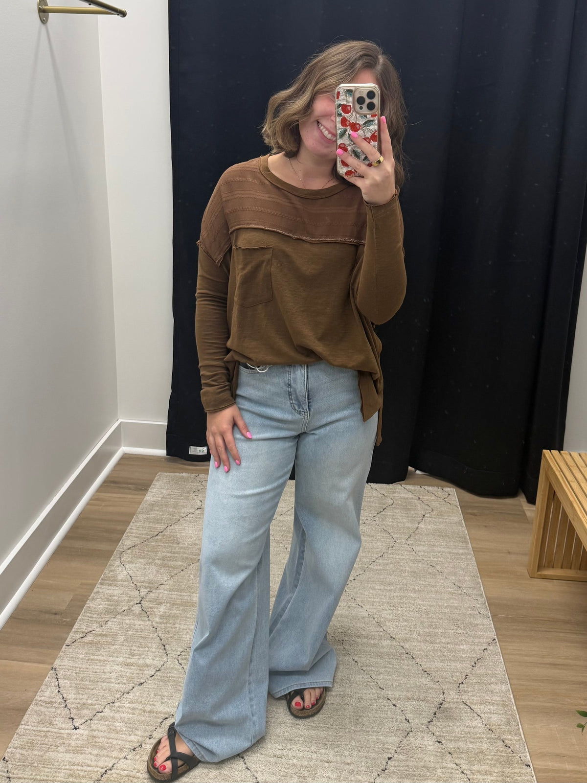 THE HODA EMBROIDERED PANEL POCKET TOP - mocha