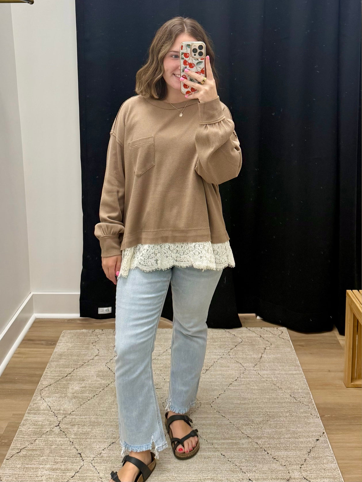THE ELLA LACE TRIM THERMAL WAFFLE TOP - dark taupe