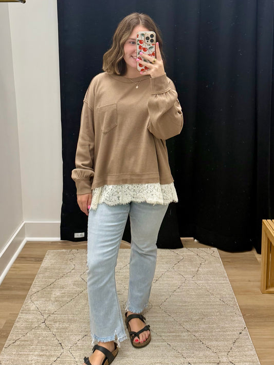 THE ELLA LACE TRIM THERMAL WAFFLE TOP - dark taupe