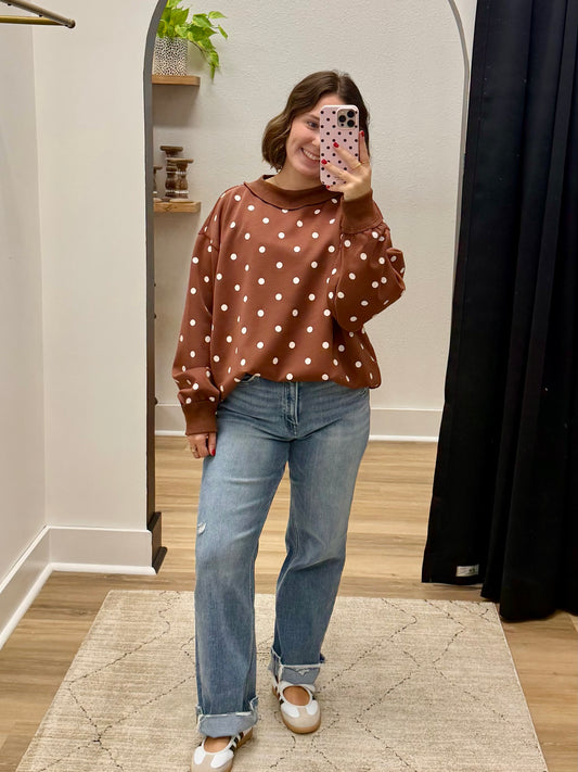 THE NIKKI OVERSIZED POLKA DOT SCUBA PULLOVER - brown/white