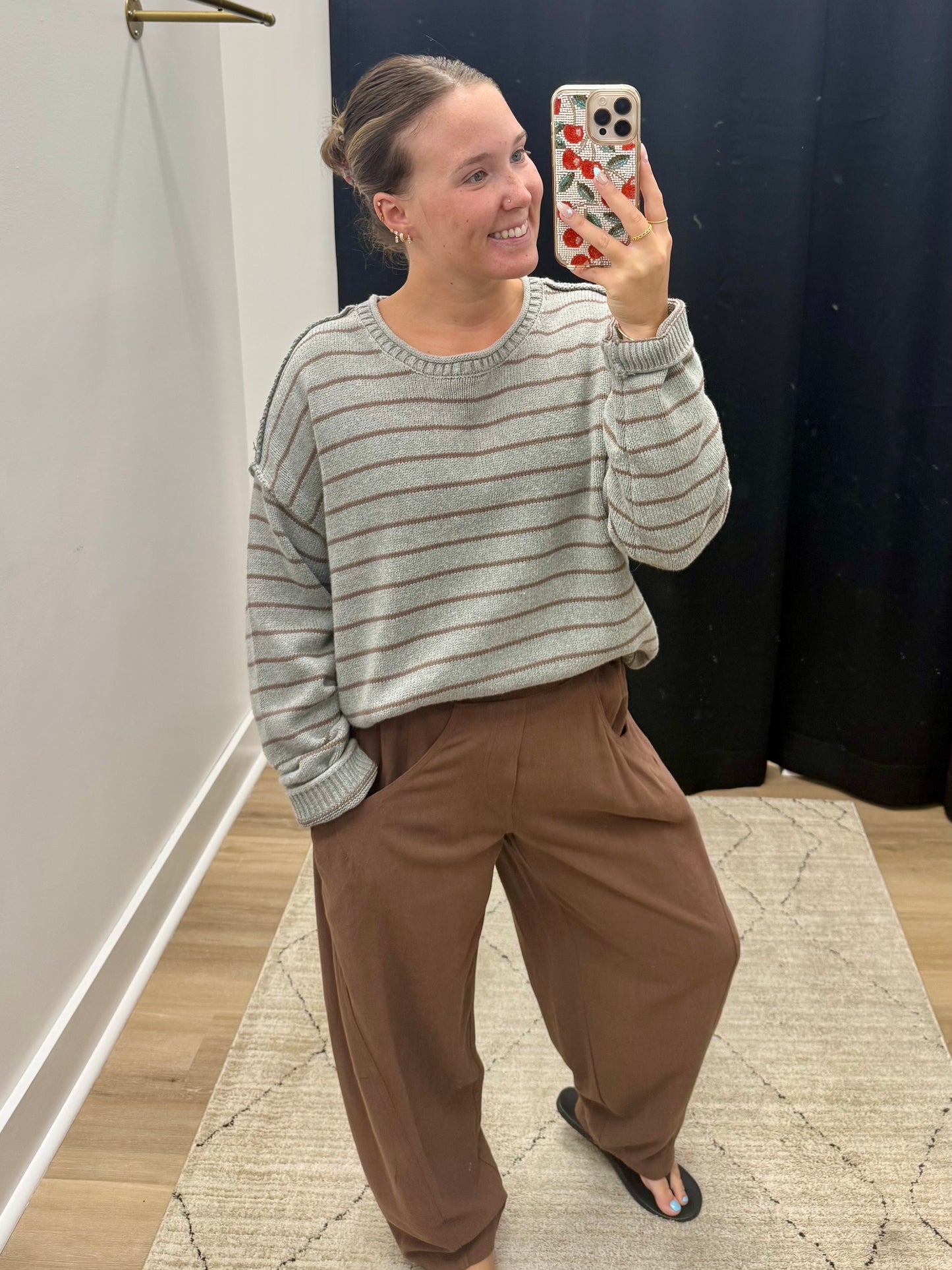THE GEMMA STRIPED DROP SHOULDER SWEATER - grey