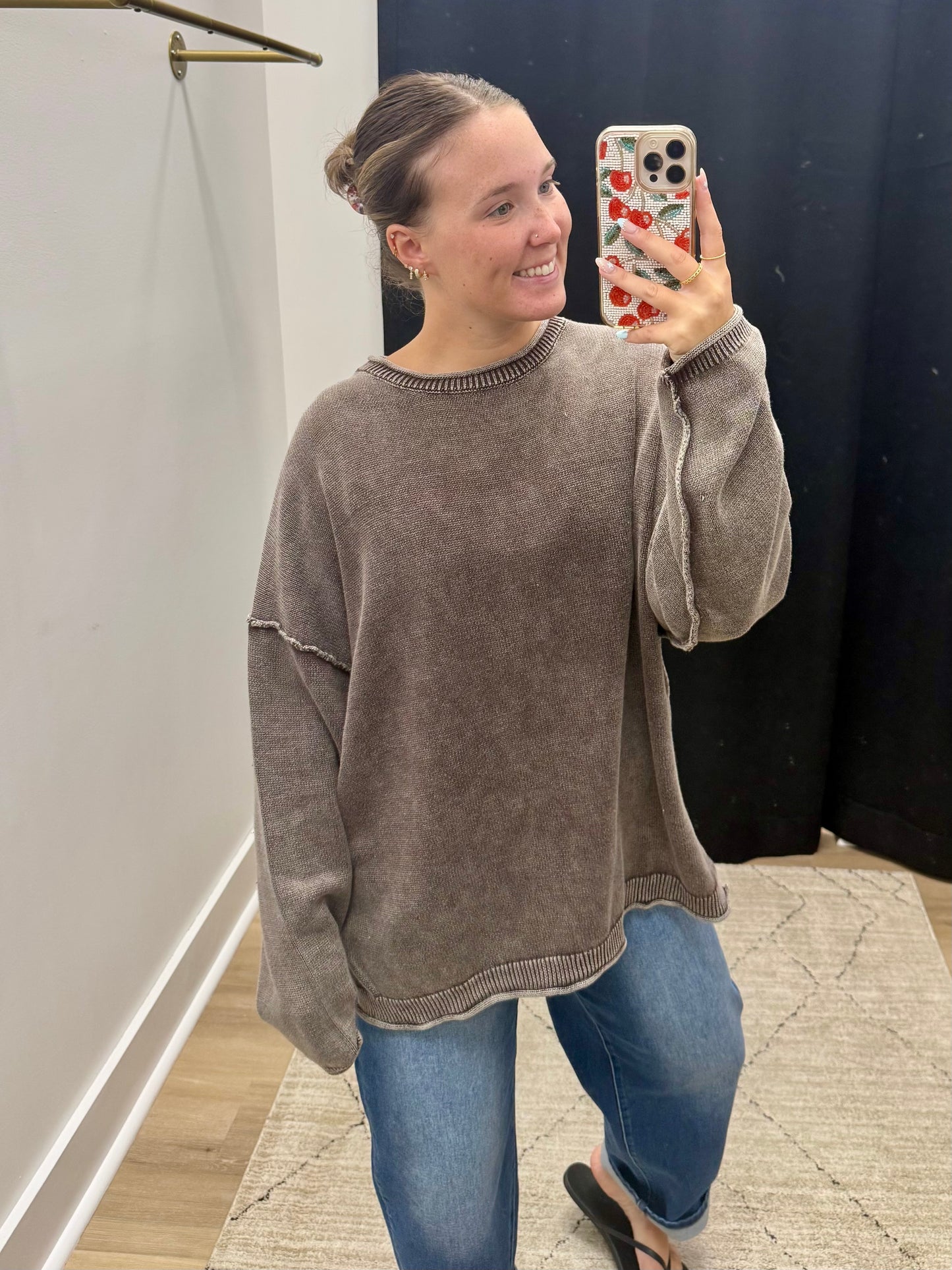 THE BETH WASHED RAW EDGE SWEATER - brown