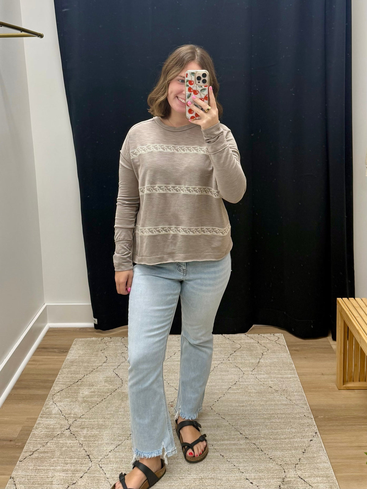 THE KACEE EMBROIDERED STRIPED TOP - stone taupe