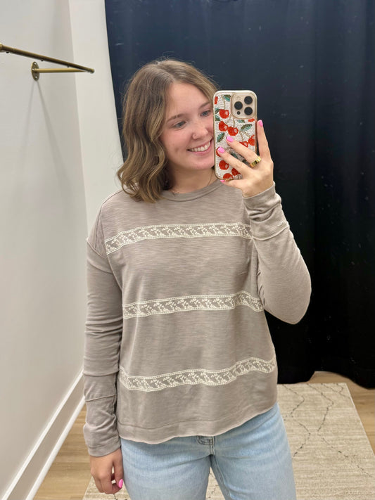 THE KACEE EMBROIDERED STRIPED TOP - stone taupe
