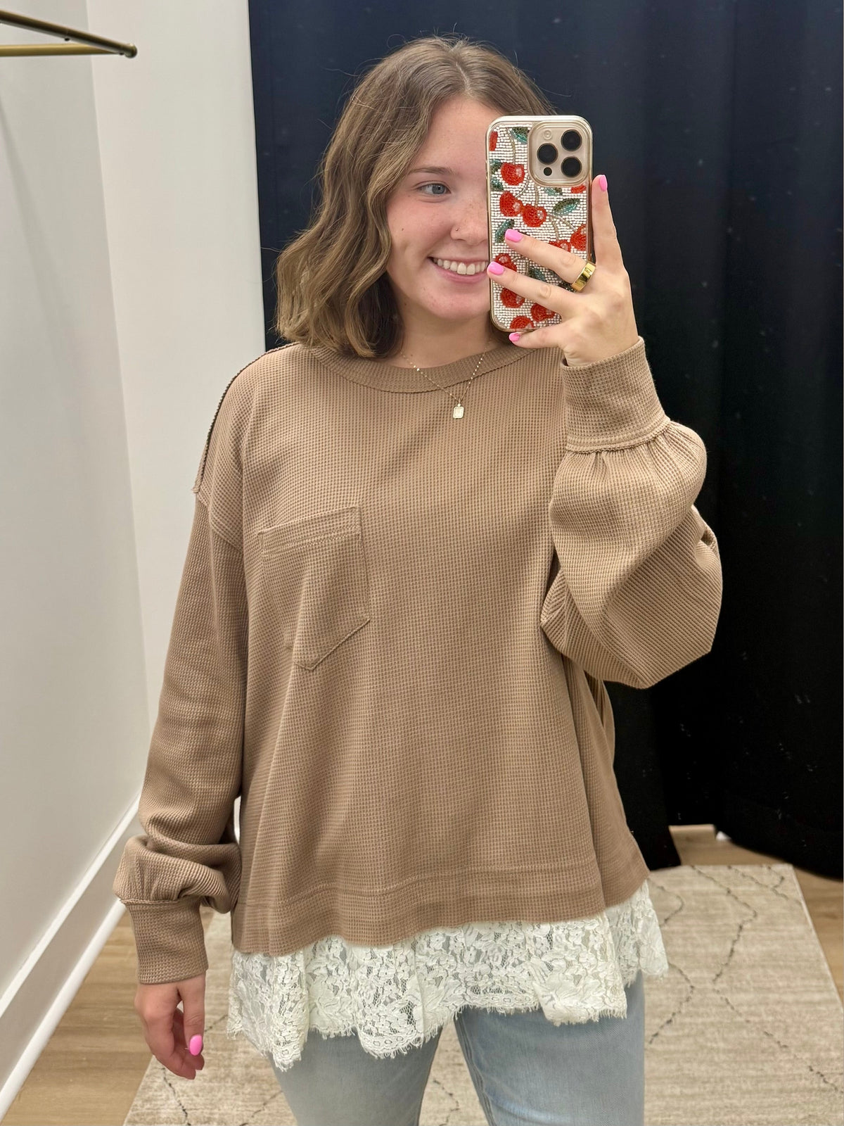 THE ELLA LACE TRIM THERMAL WAFFLE TOP - dark taupe