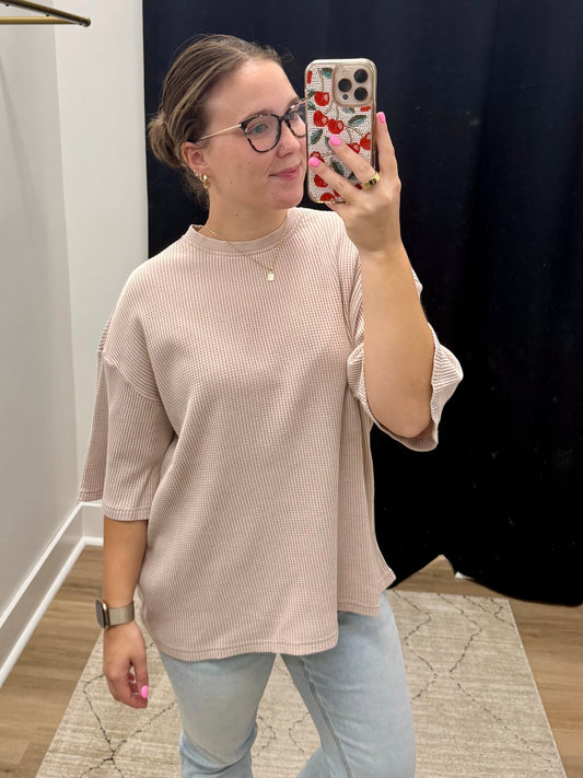THE LINDSEY MINERAL WASH WAFFLE CREW TOP - lt taupe