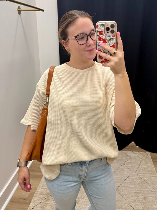 THE LINDSEY MINERAL WASH WAFFLE CREW TOP - alpaca