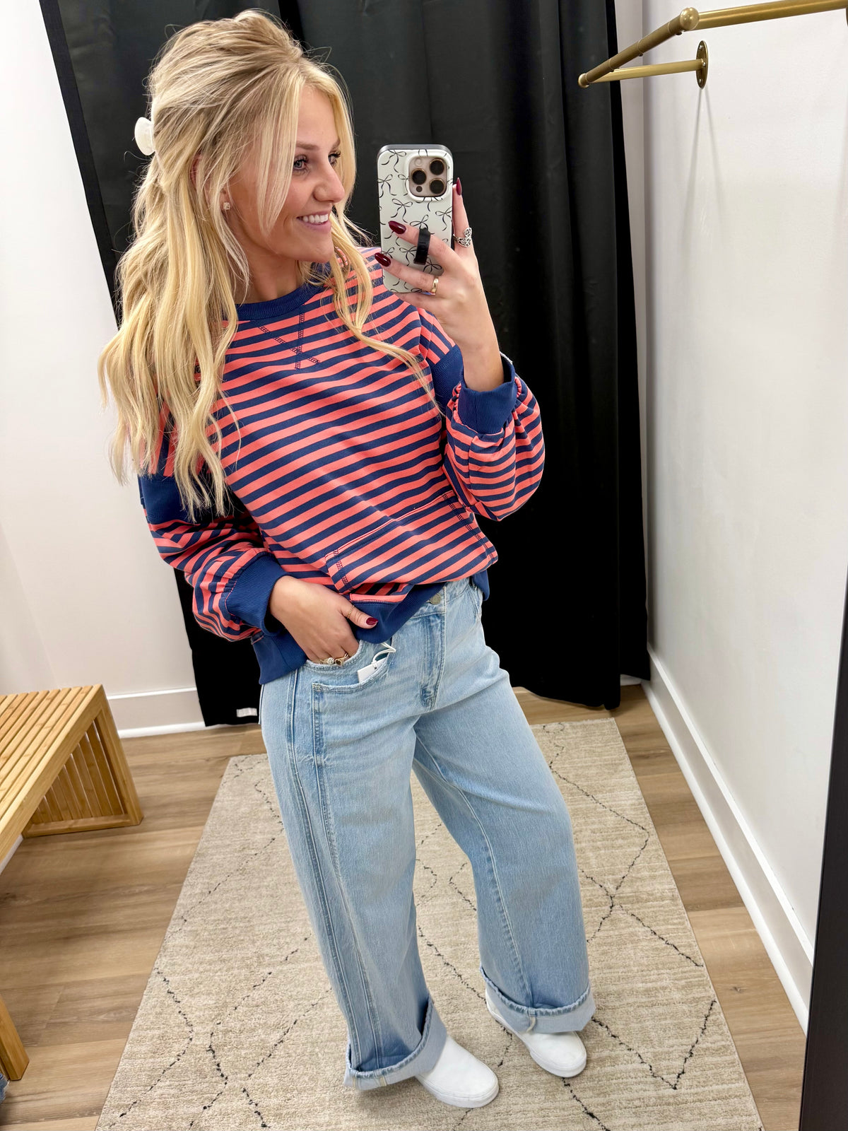 THE GRACE COLORBLOCK KANGAROO POCKET STRIPED TOP - coral/navy