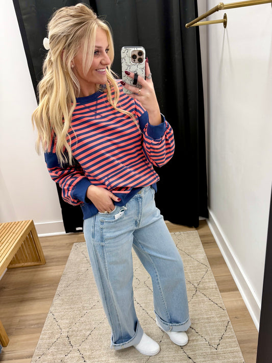 THE GRACE COLORBLOCK KANGAROO POCKET STRIPED TOP - coral/navy