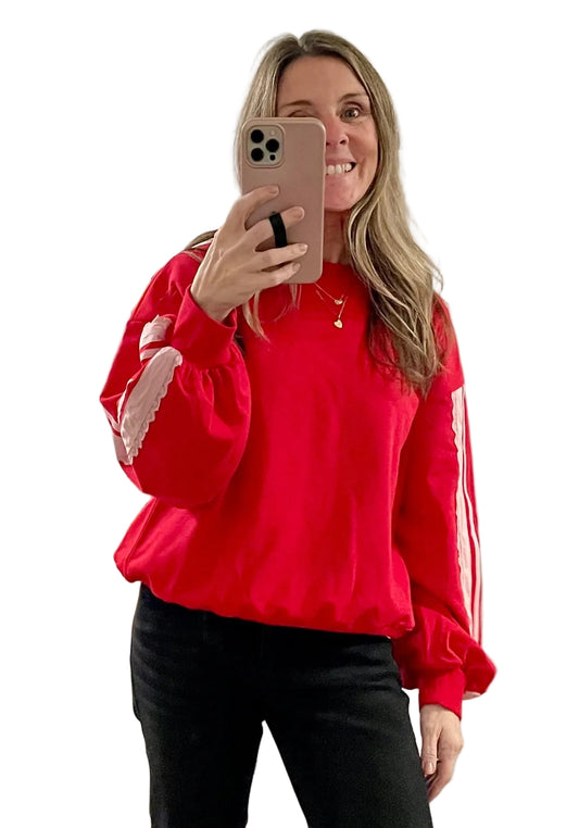 THE LOLA LACE TRIMMED RED OVERSIZED SWEATSHIRT