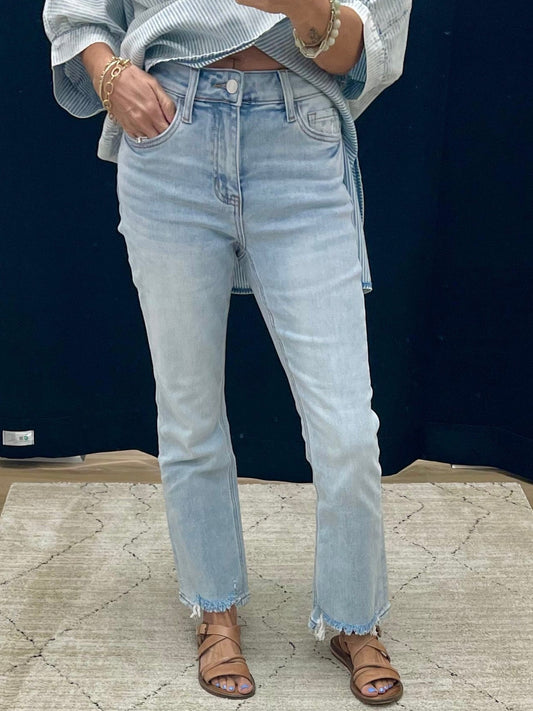 THE AMINTY ANKLE KICK FLARE DISTRESSED DENIM