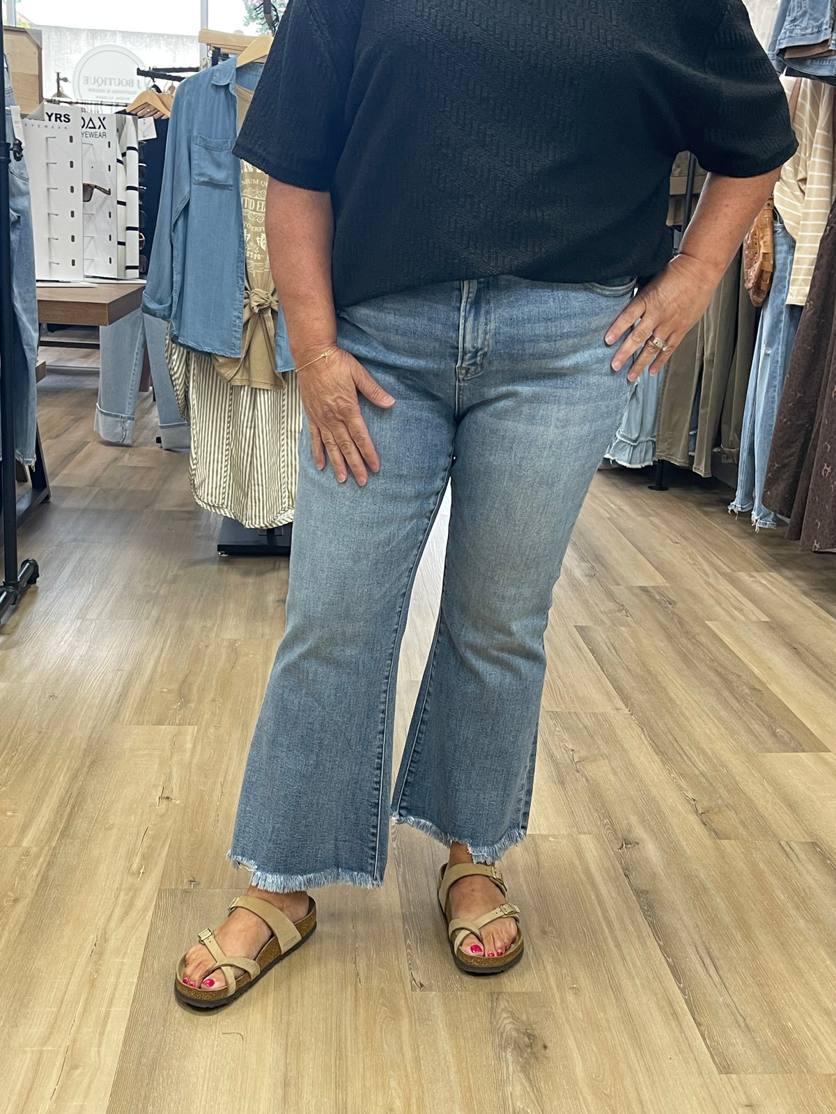 THE BARB HI RISE RAW HEM KICK FLARE DENIM