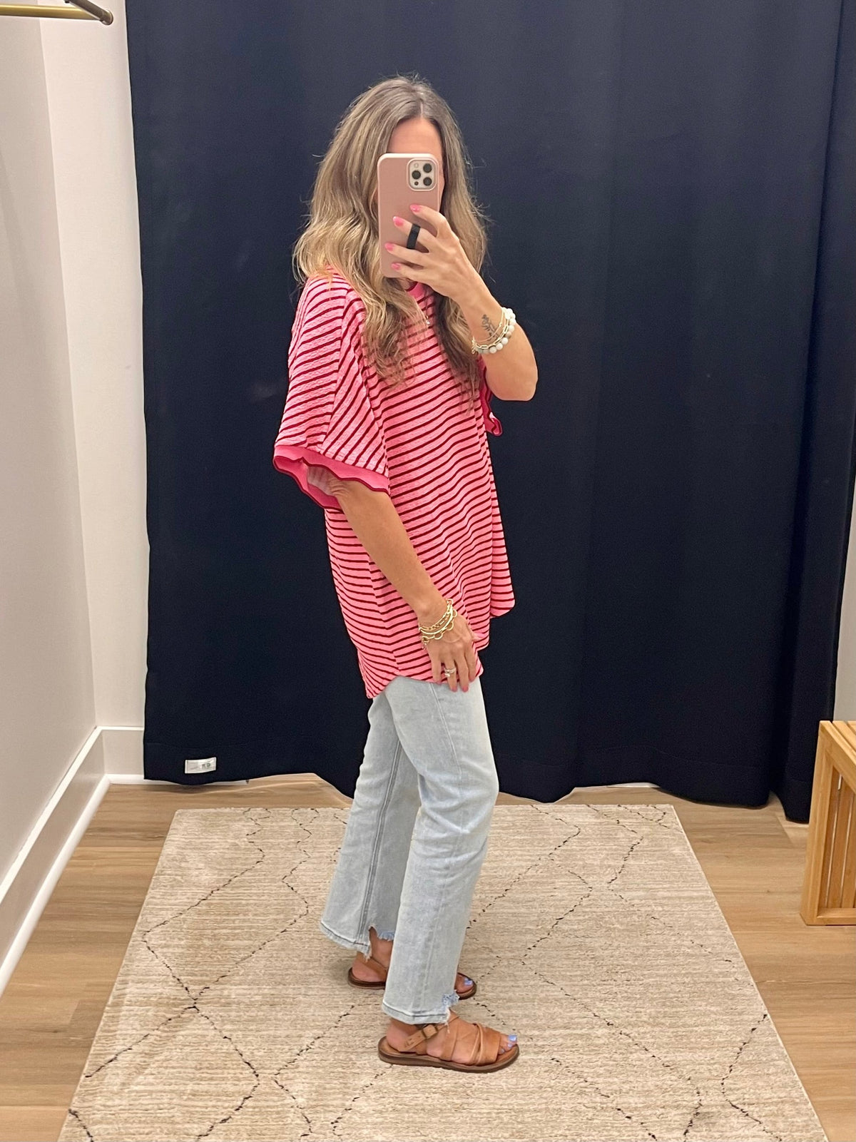 THE BRENDA SCALLOP TRIM STRIPE KNIT TOP - pink