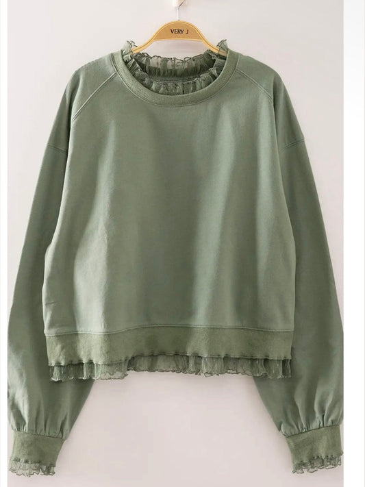 THE LYNN LACE TRIM LAYERED SWEATSHIRT- sage