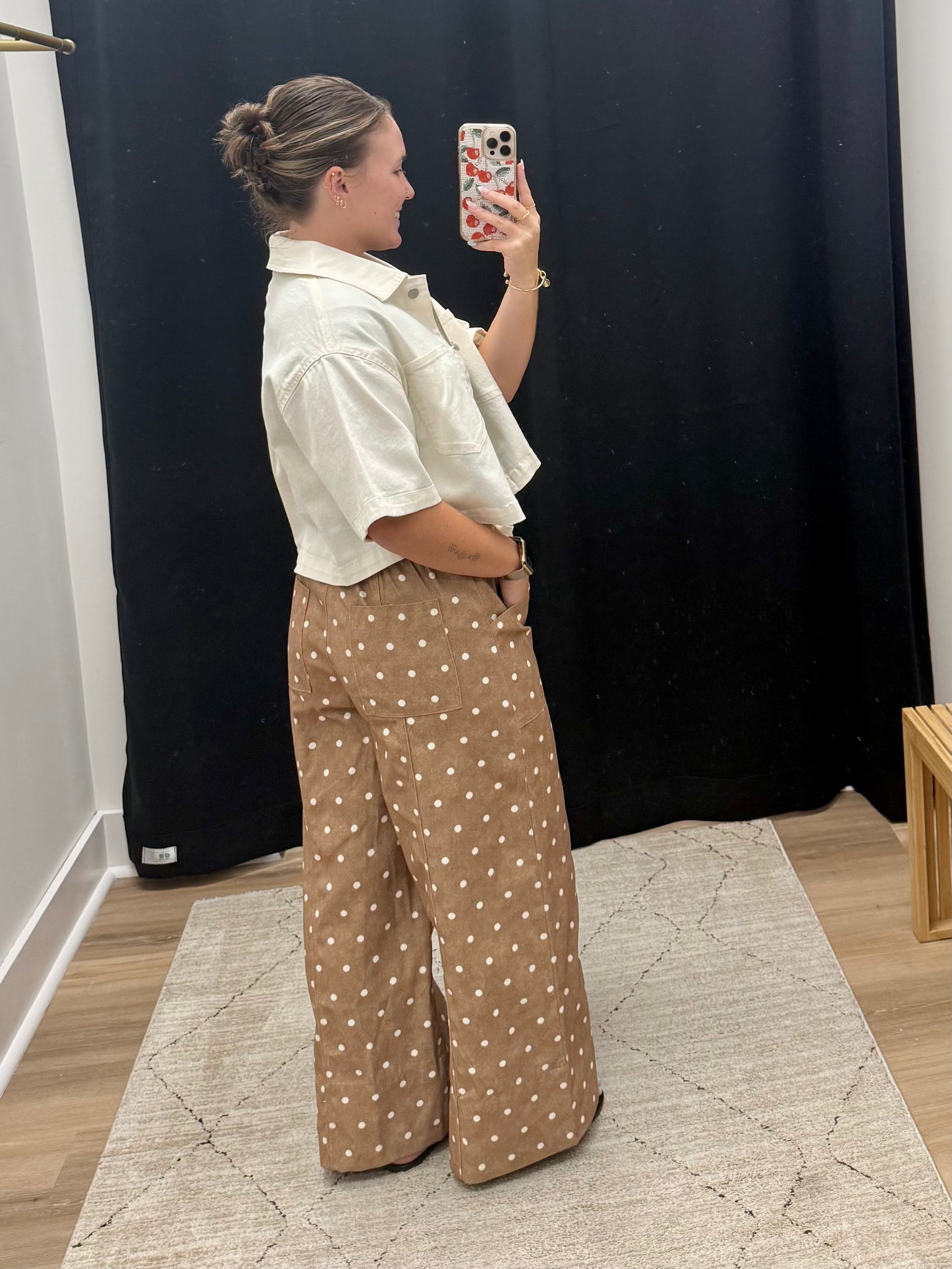 THE KRISTA WIDE LEG POLKA DOT DENIM - camel/ivory