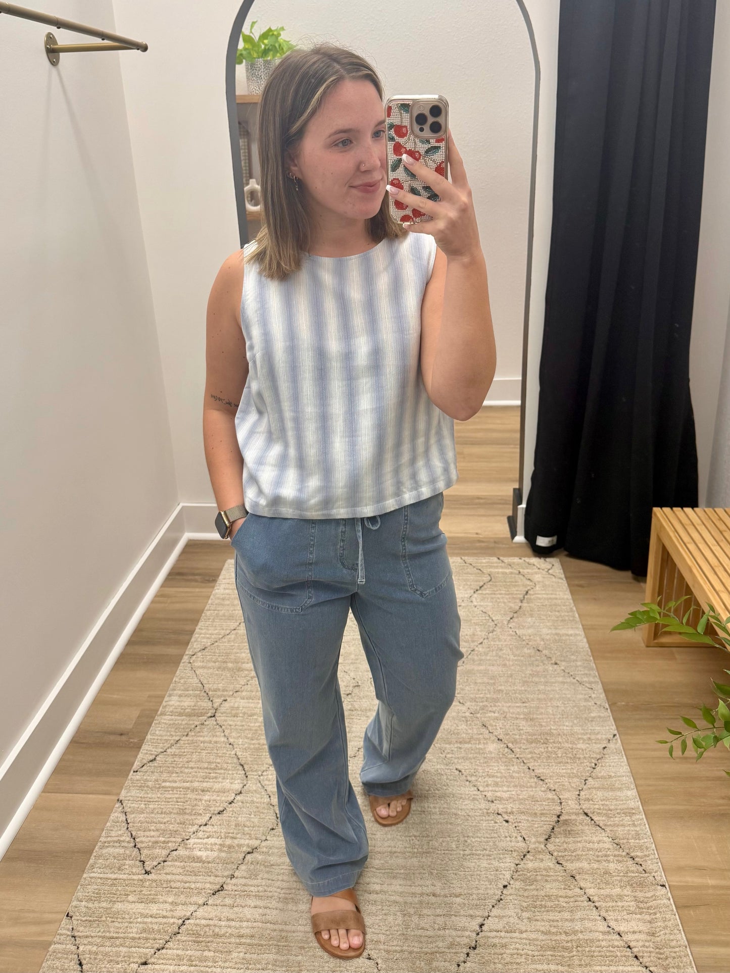 THE LYNN CHAMBRAY STRIPE LINEN BLEND TANK