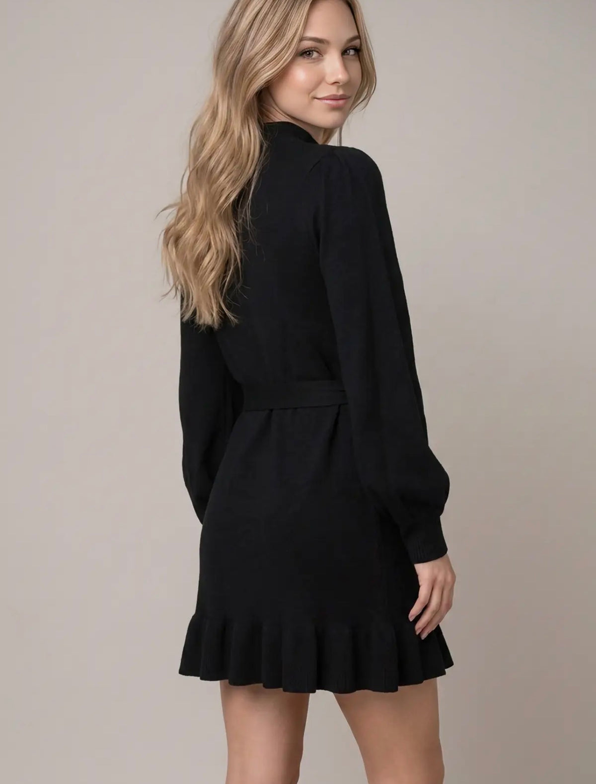 THE ANDREA MOCKNECK RUFFLE SKIRT SWEATER DRESS - black