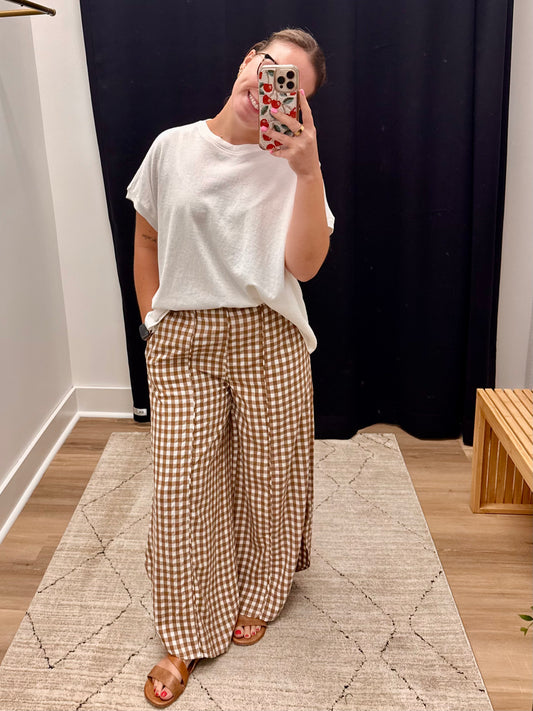THE CALLAN GINGHAM RELAX POLY TULIP HEM PANT - mocha