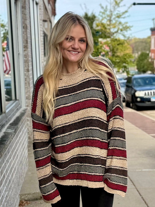THE CAMERYN OVERSIZED LOOSE KNIT SWEATER - burgundy stripe