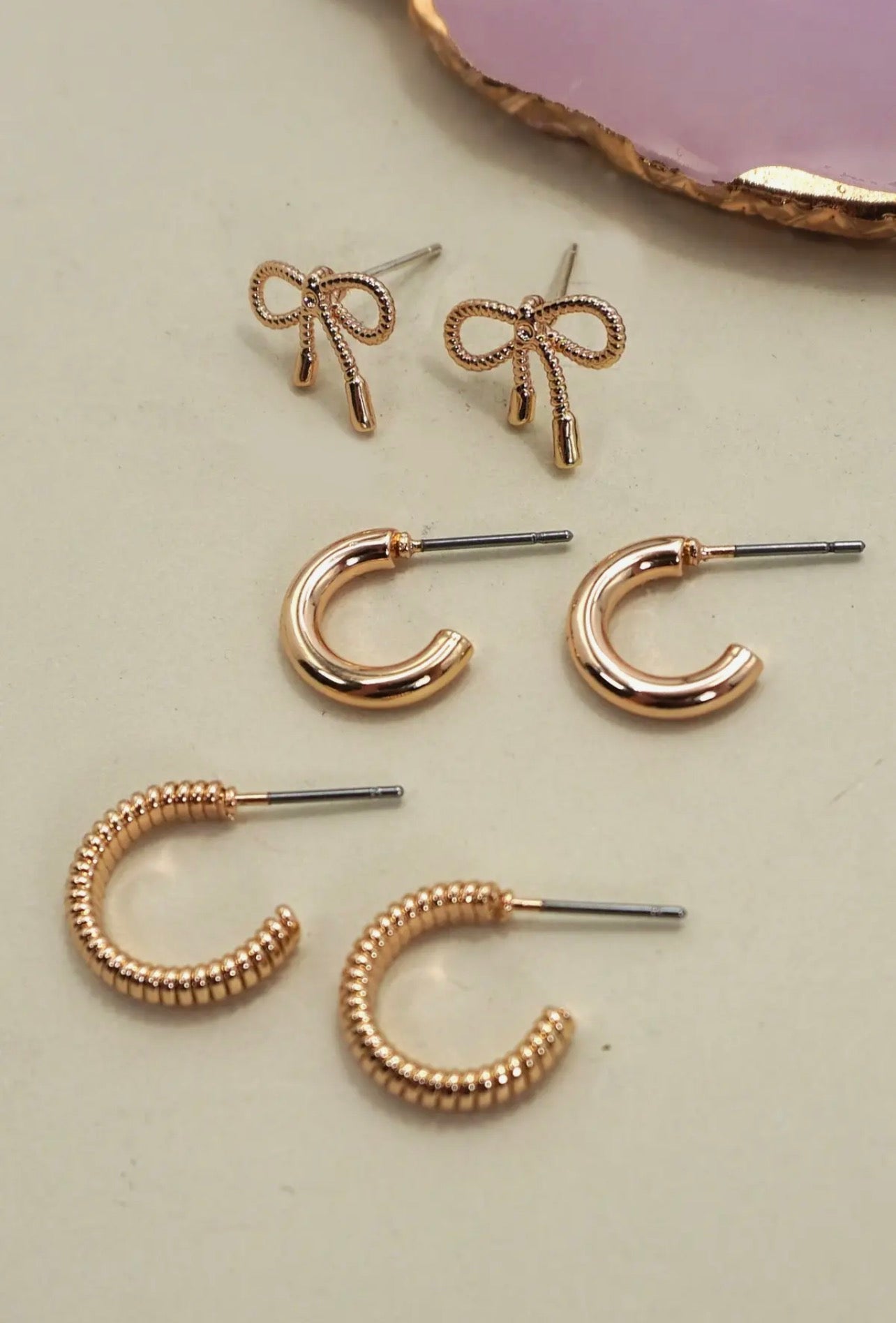 MINI BOW HUGGIE HOOP TRIO GOLD EARRINGS