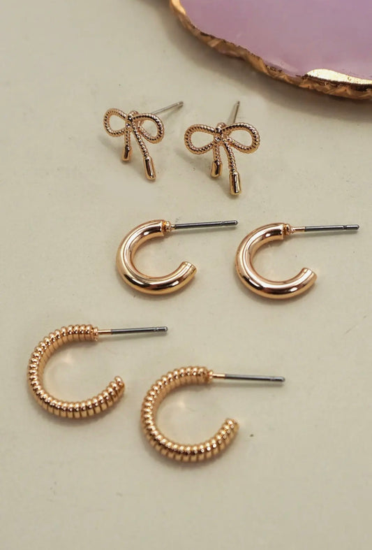 MINI BOW HUGGIE HOOP TRIO GOLD EARRINGS