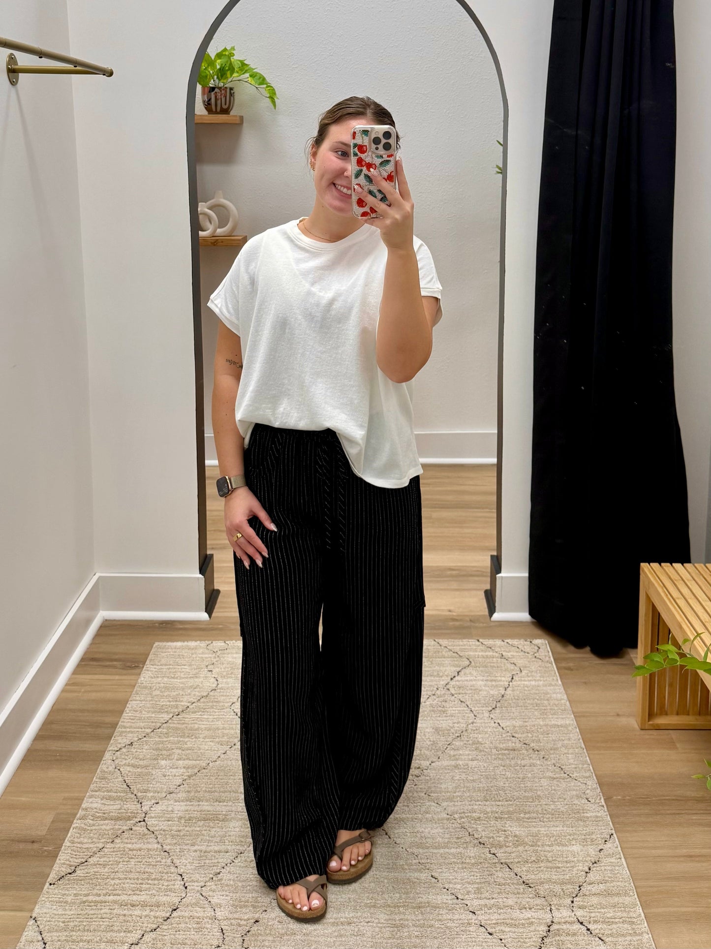 THE CALI RELAXED LINEN STRIPED PANTS - black