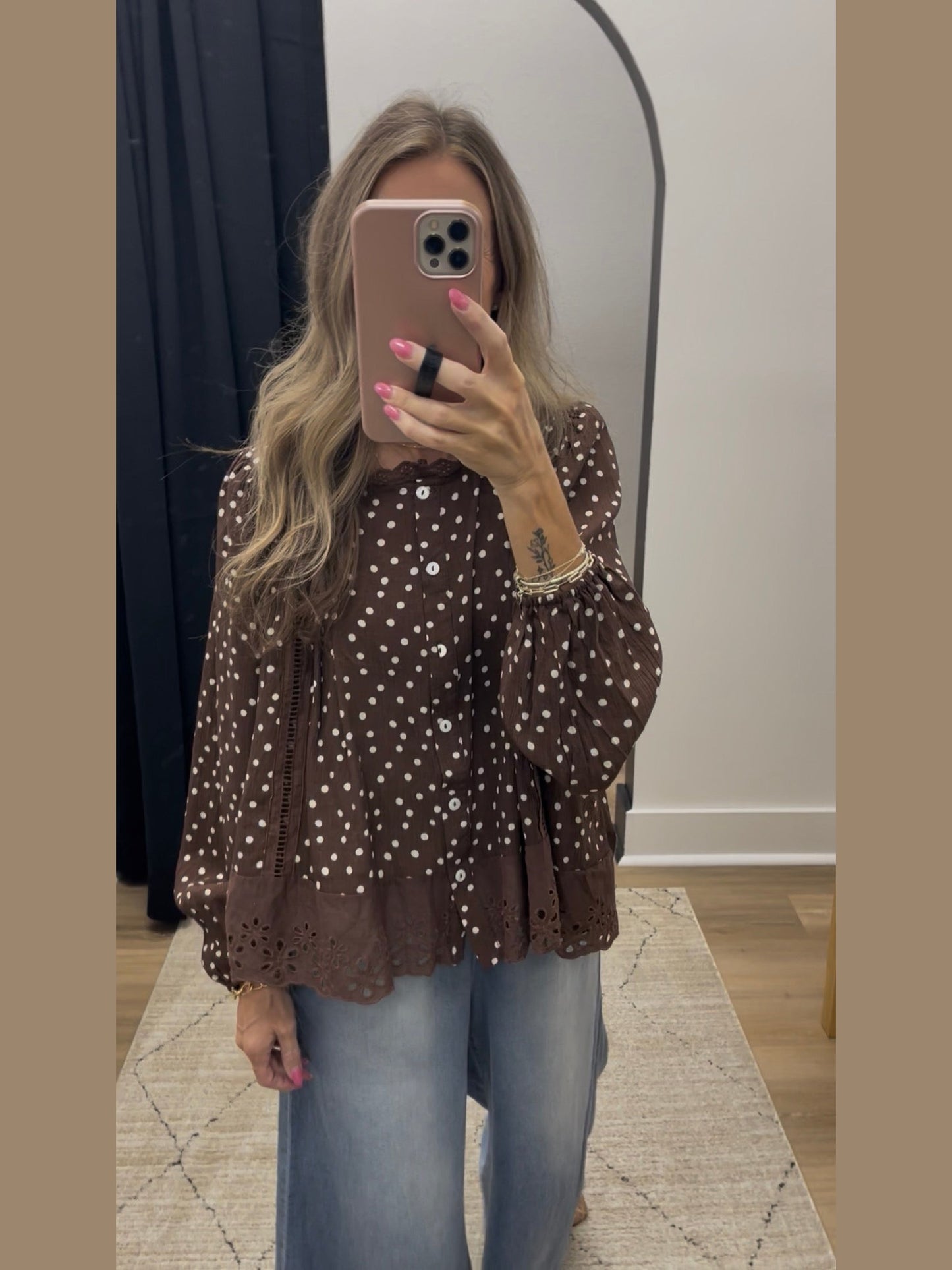 THE SHERRIE POLKA DOT LACE TRIM BLOUSE - brown