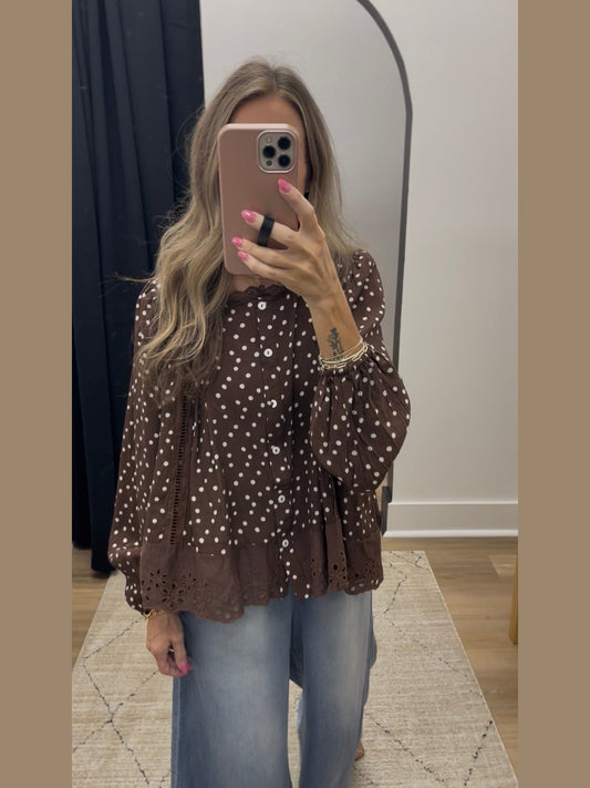 THE SHERRIE POLKA DOT LACE TRIM BLOUSE - brown
