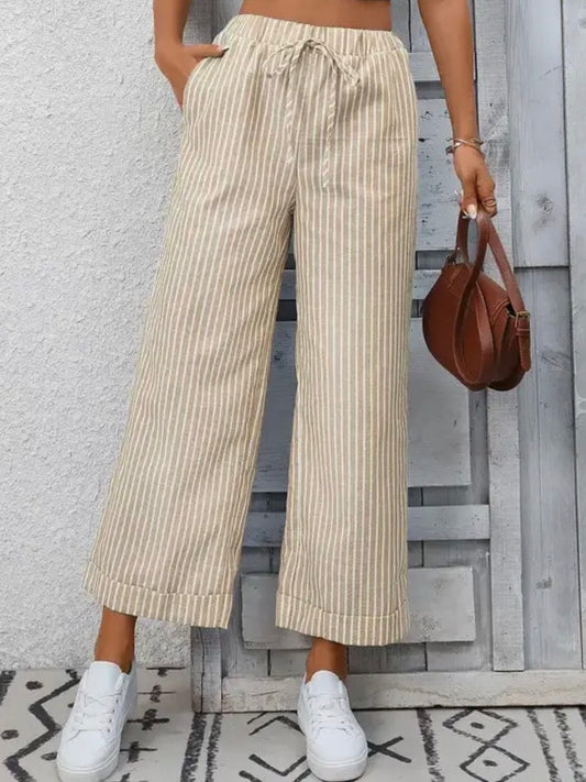THE TALARIE STRIPED HIGH WAIST CROPPED PANTS - tan