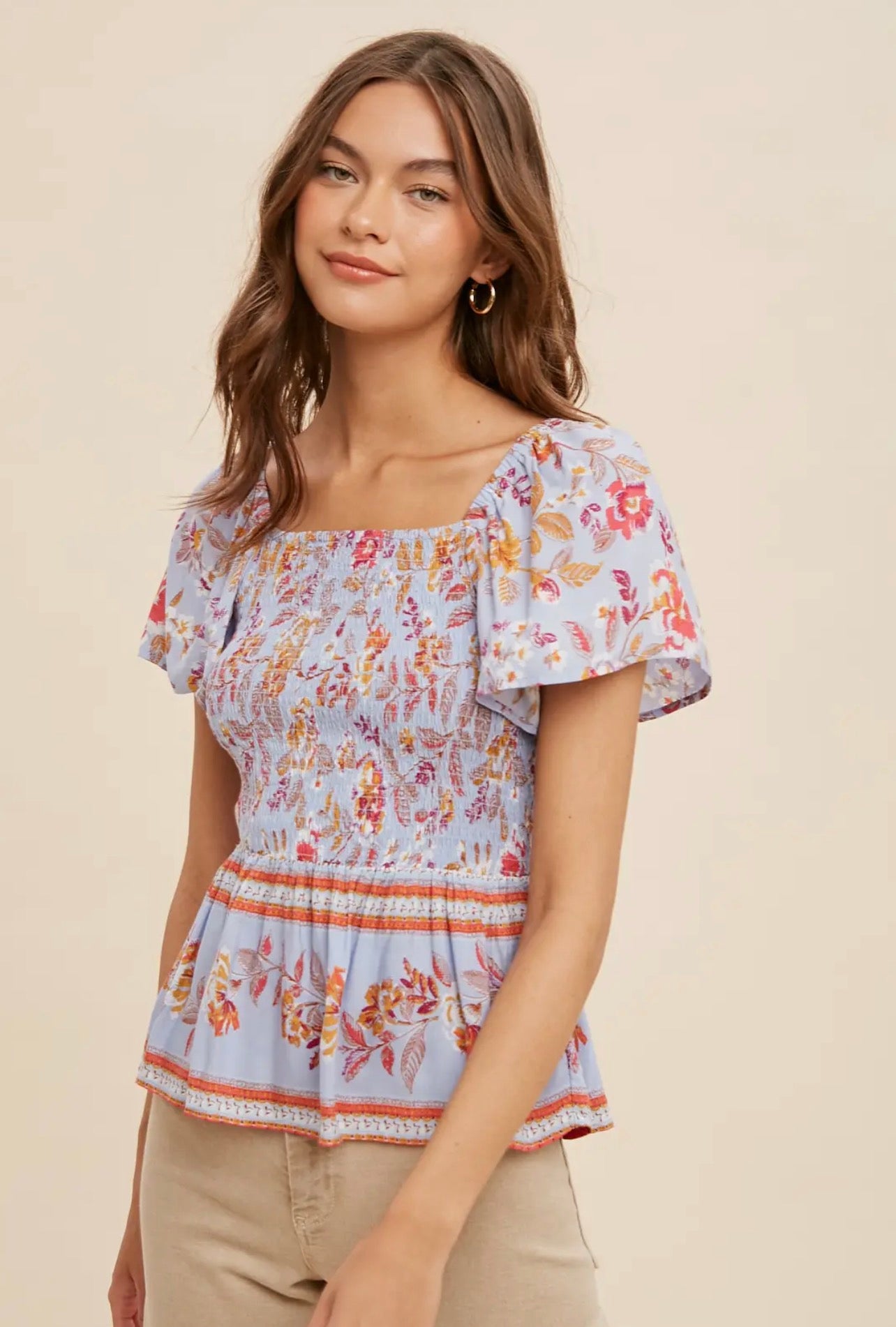 THE ADDI BORDER PRINT SMOCKED TOP - blue