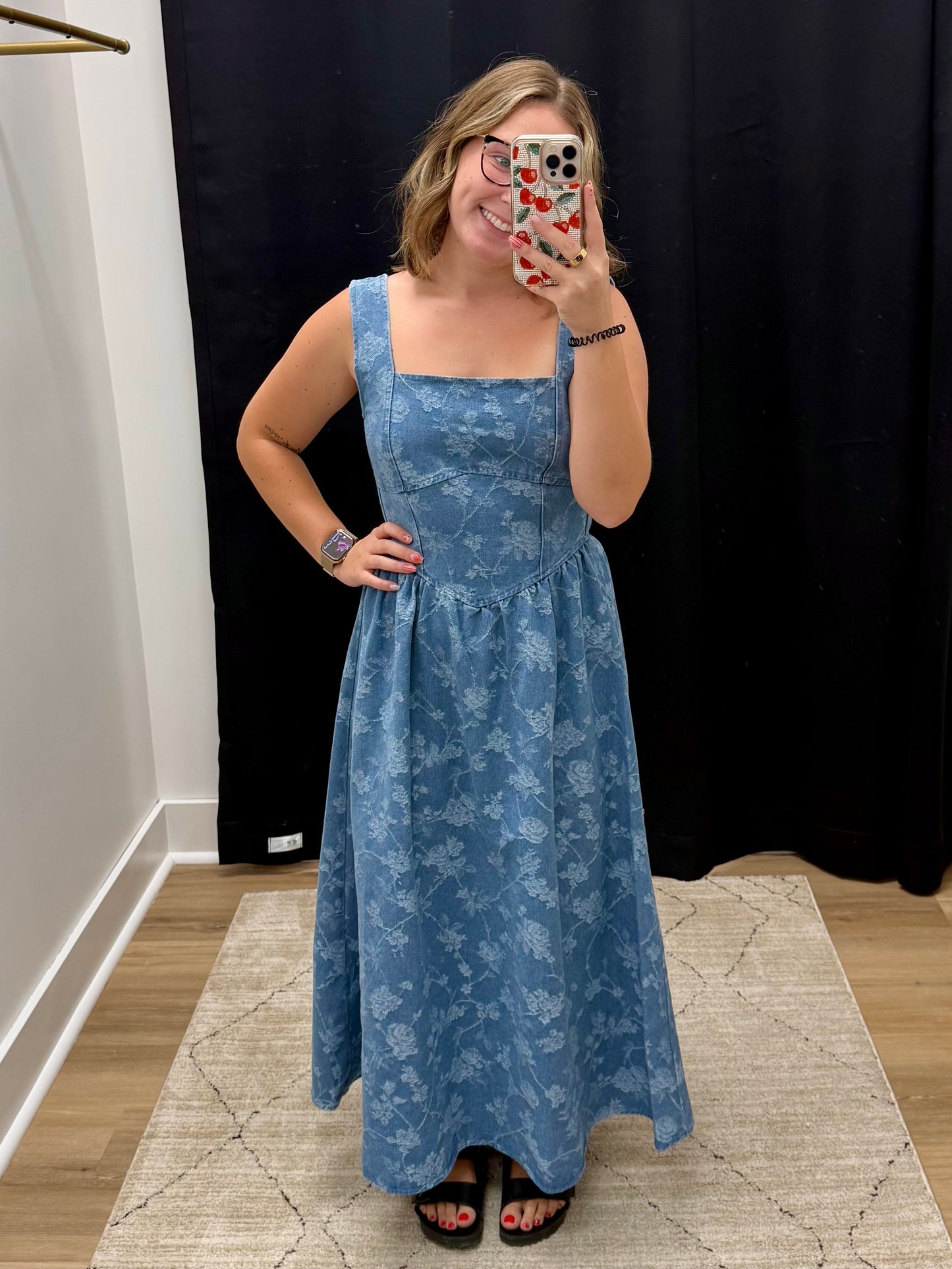 THE AYLA FLORAL JACQUARD CORSET DENIM DRESS