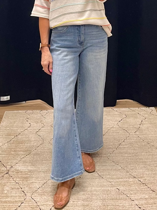 THE SAVANNA HI RISE DRAWSTRING CROP WIDE LEG DENIM