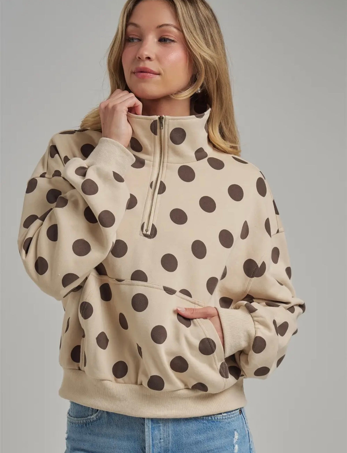 THE GEMMA POLKA DOT QUARTER ZIP - cream/brown