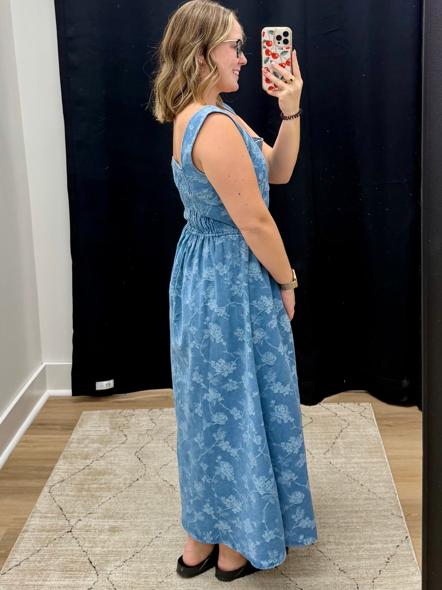 THE AYLA FLORAL JACQUARD CORSET DENIM DRESS