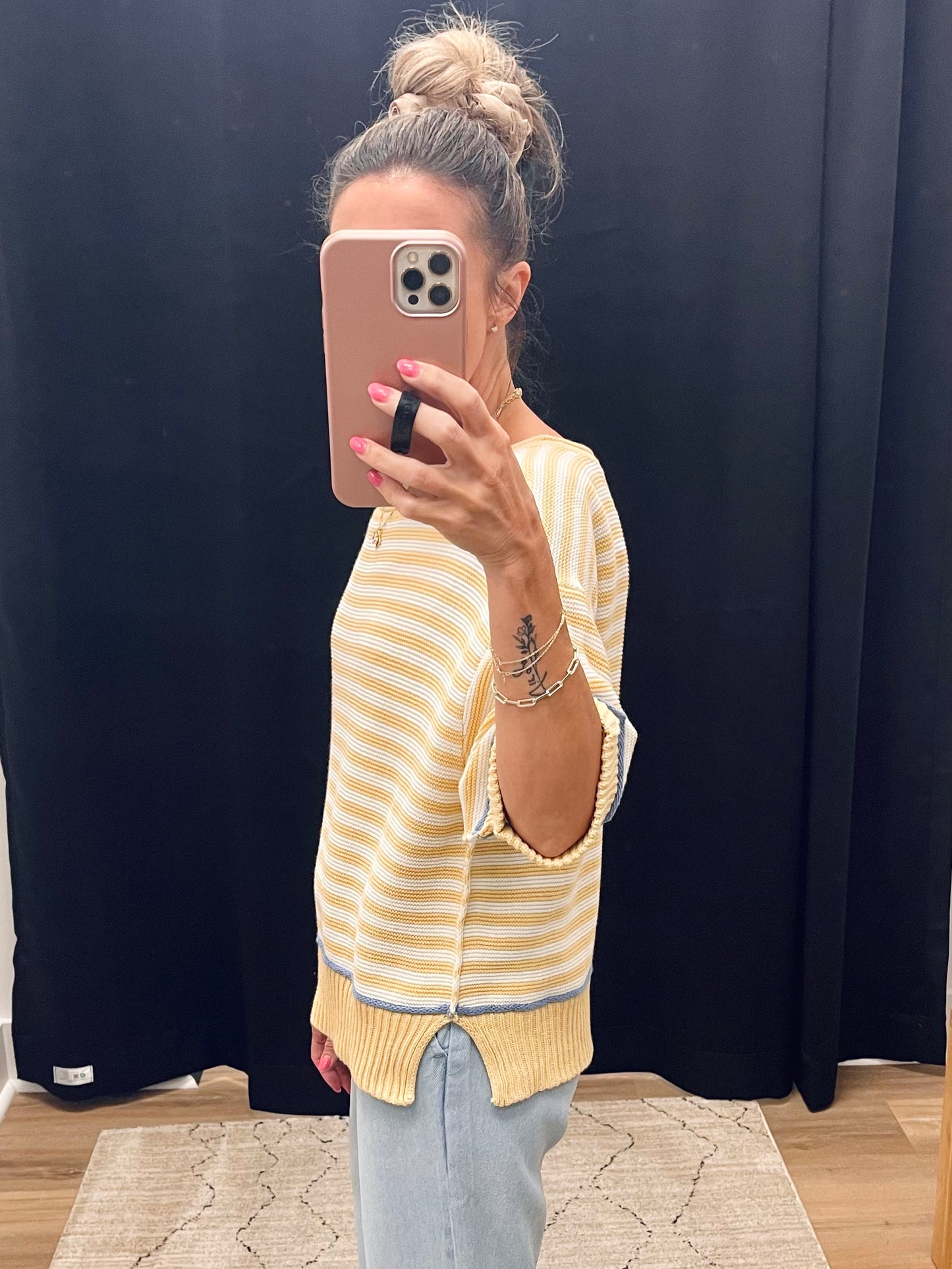 THE JOEY STRIPED RAW EDGE SHORT SLEEVE SWEATER