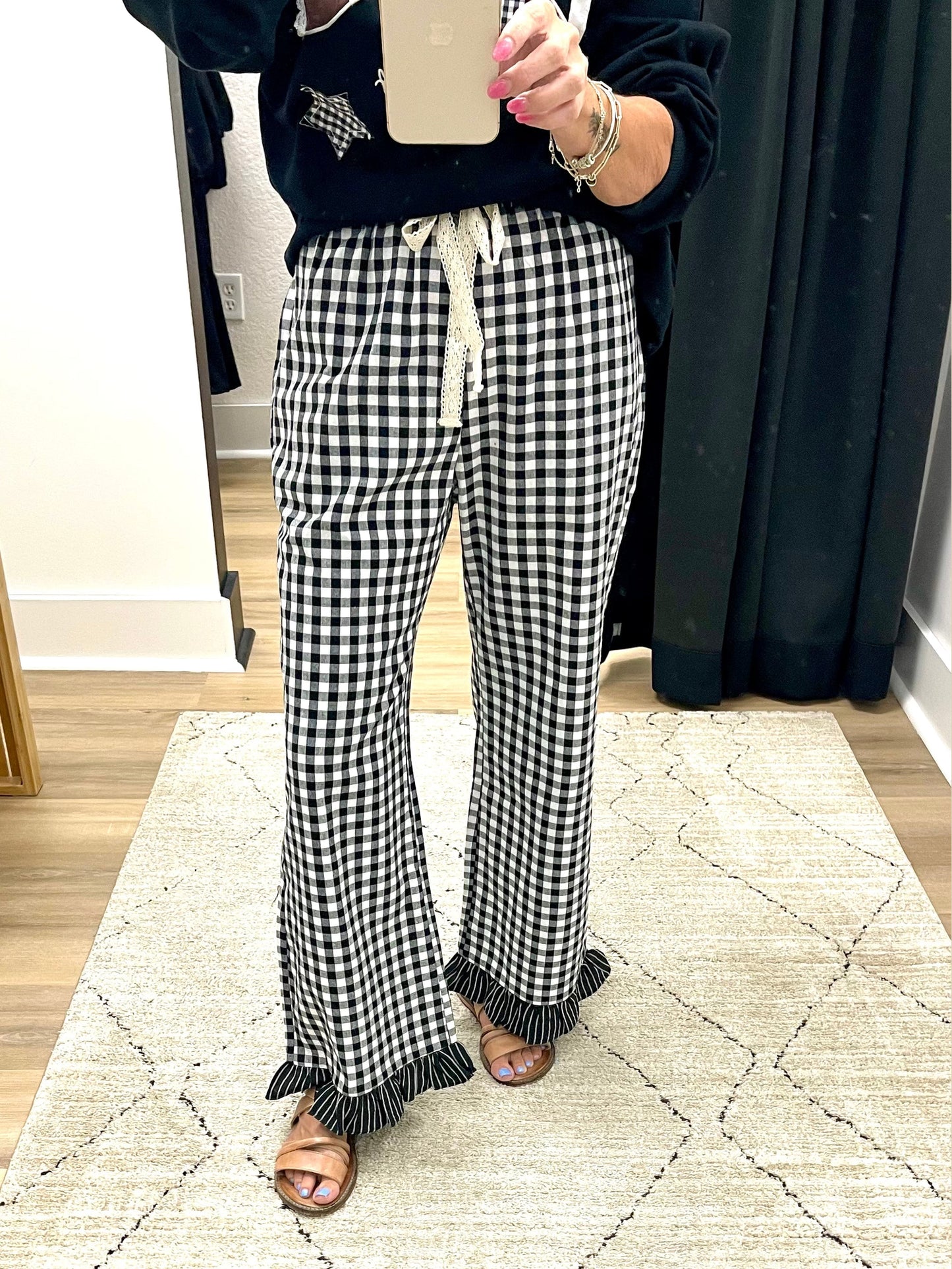 THE CARLIE GINGHAM/STRIPE CONTRAST RUFFLE PANT