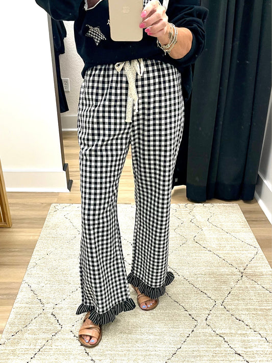 THE CARLIE GINGHAM/STRIPE CONTRAST RUFFLE PANT