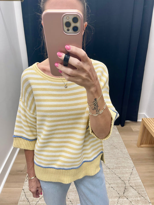 THE JOEY STRIPED RAW EDGE SHORT SLEEVE SWEATER