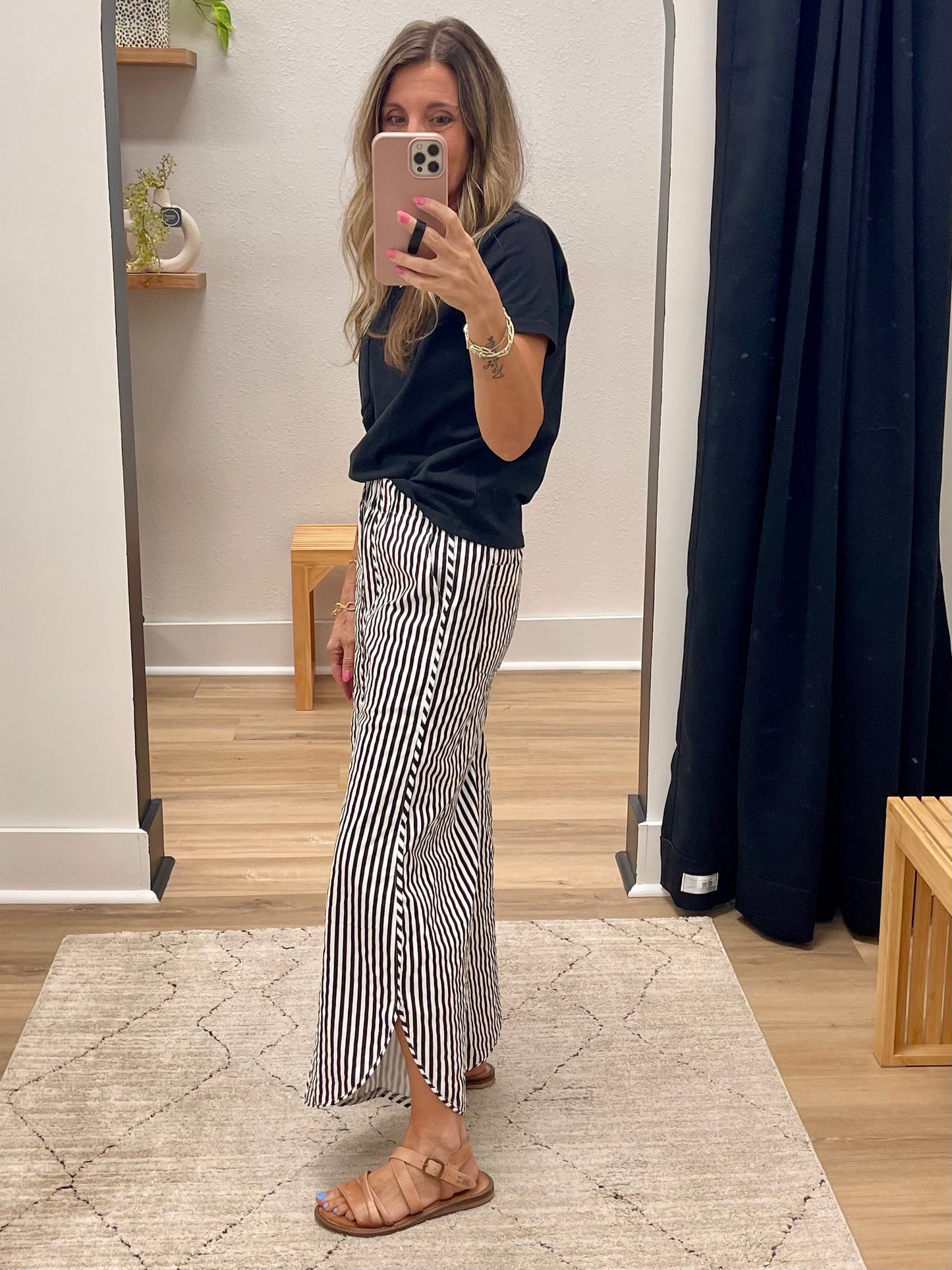 THE HALEY STRIPED TULIP HEM COTTON PANTS - black