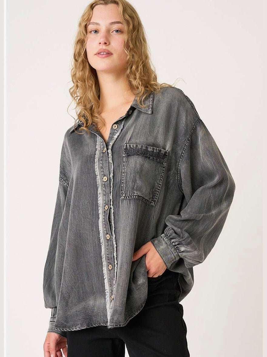 THE LEXIE WASHED CHAMBRAY RAW EDGE FRILL SHIRT - black
