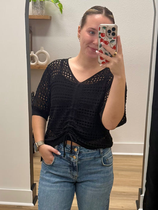 THE JESSIE FRONT DRAWSTRING CROCHET BLOUSE