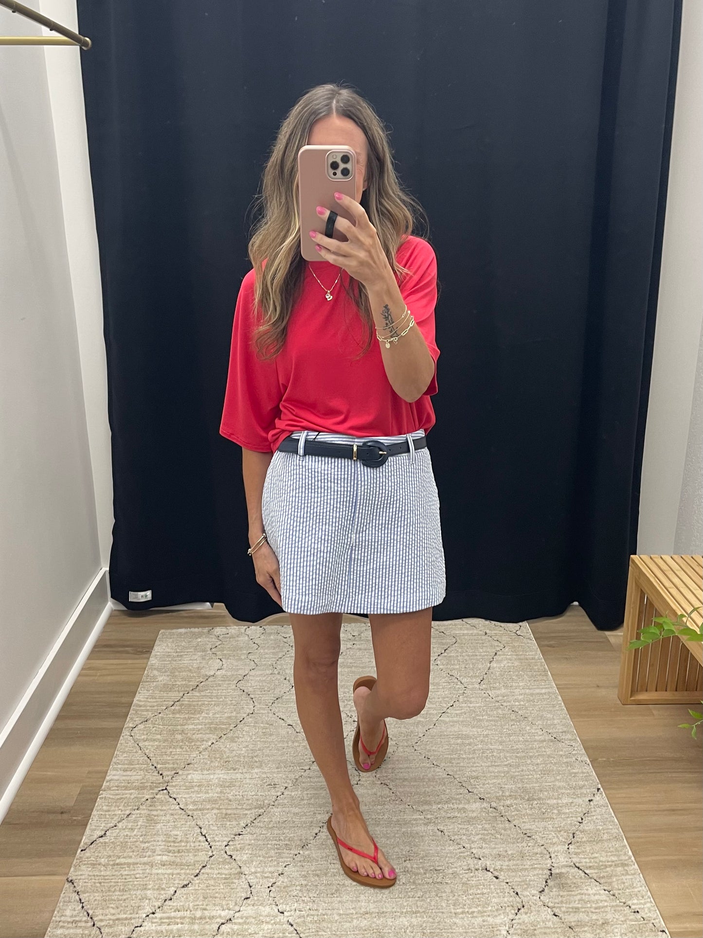 THE LINDA BELTED STRIPED WOVEN SKORT - Lt blue