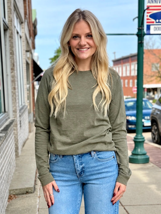 THE EVERETT COTTON BLEND LONG SLEEVE TOP - dusty olive