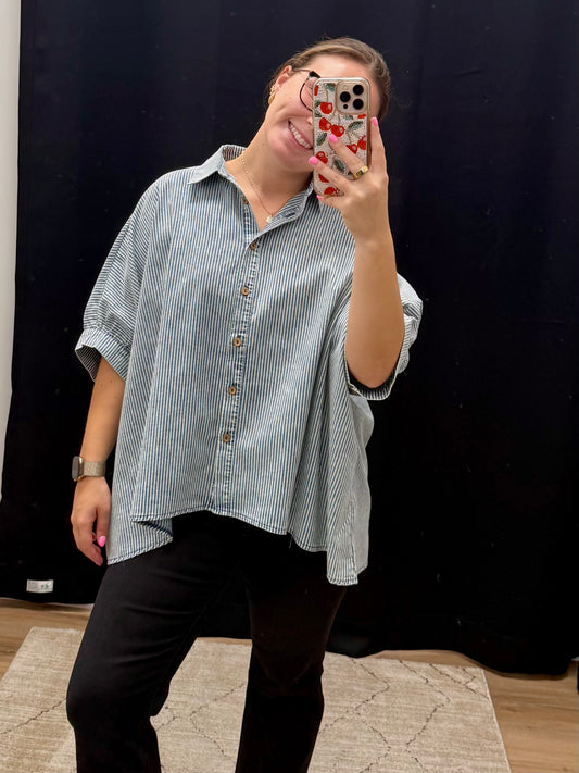 THE JENNY WASHED STRIPED DOLMAN SHIRT - navy