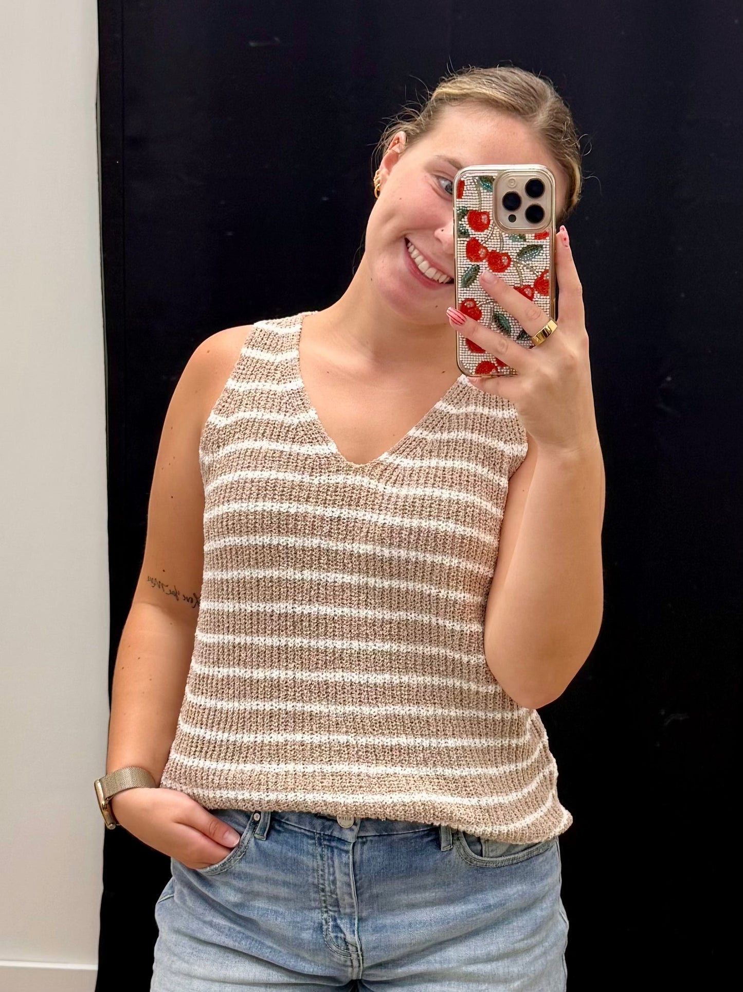 THE LAINEY STRIPED SWEATER TANK - taupe/ivory