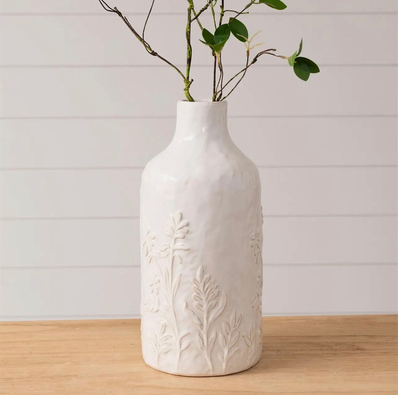 TALL WHITE STONE FLORAL EMBELLISHED VASE
