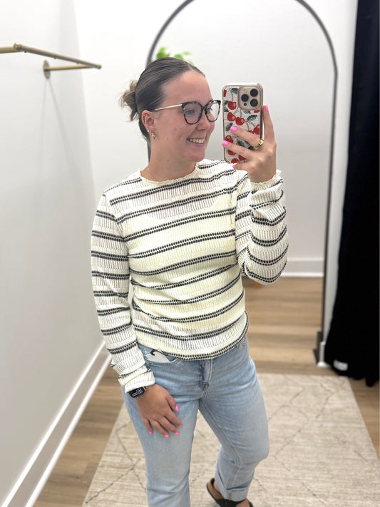 THE RACHEL MESH RUFFLE TOP - striped