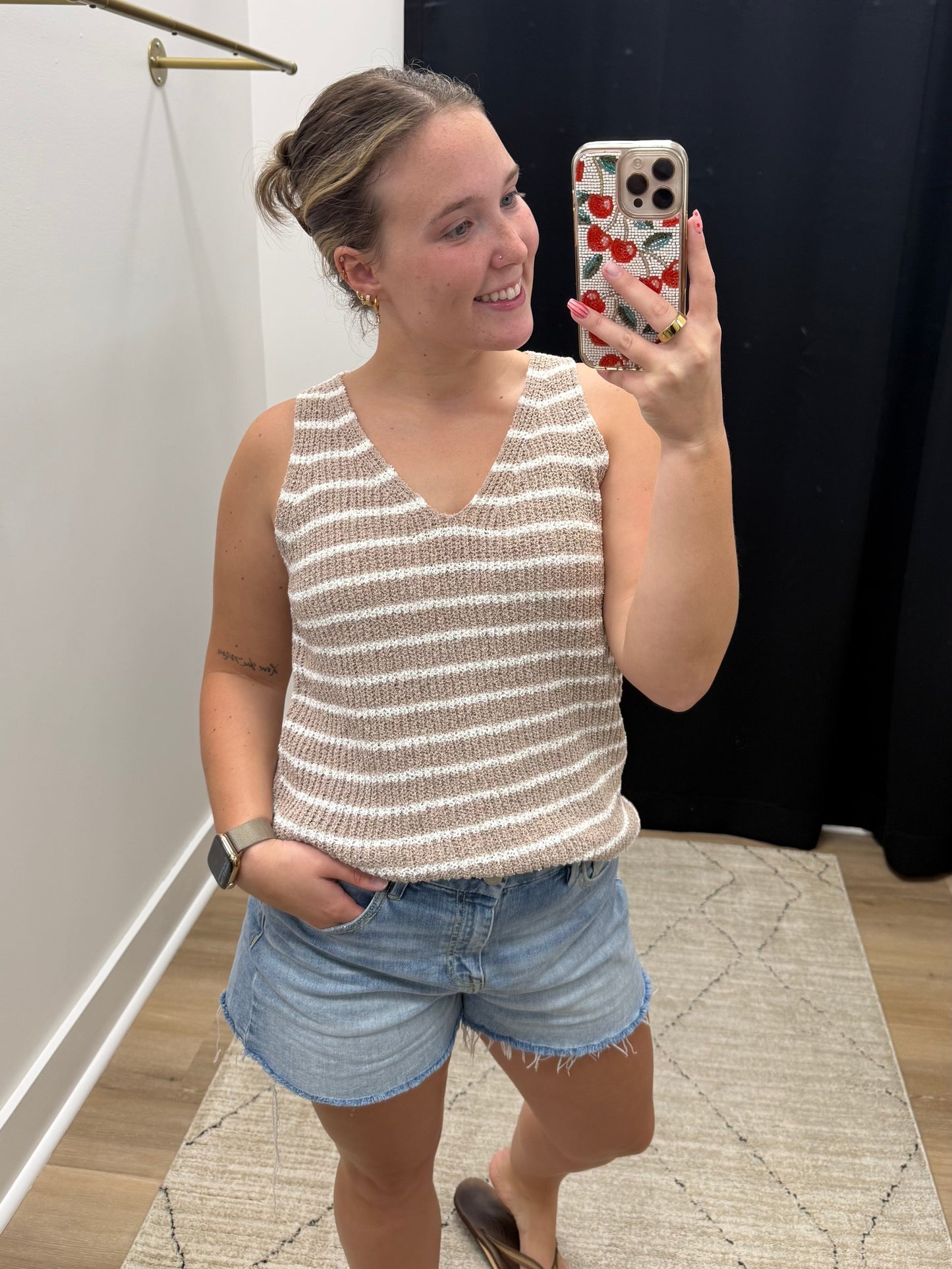 THE LAINEY STRIPED SWEATER TANK - taupe/ivory